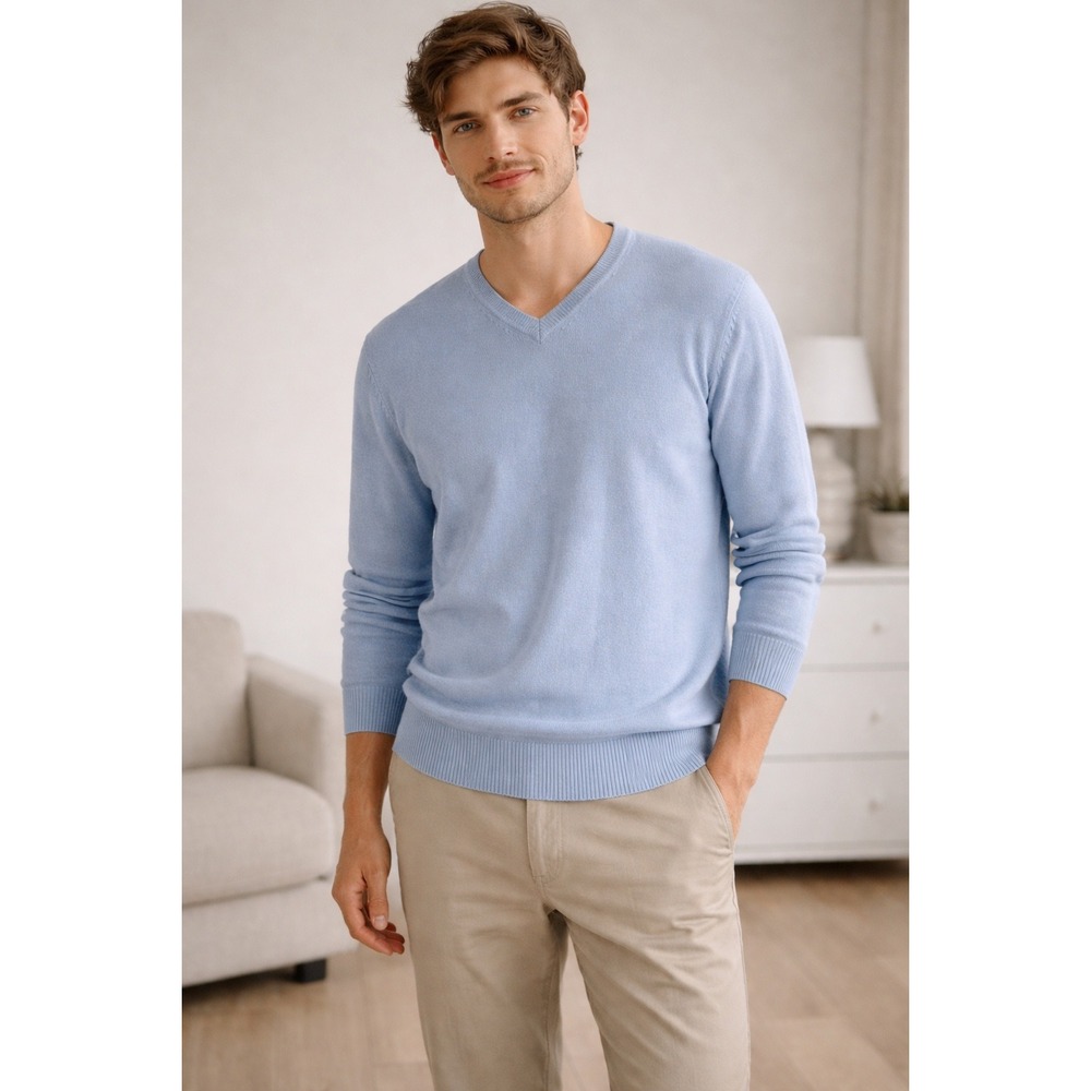 Mario‎ Gilberti Men L Sweater Blue 100% Merino Extrafine Wool V-Neck Pullover